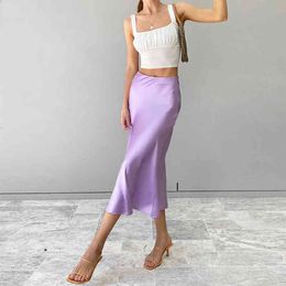 Solid Purple Satin Silk Skirt Women High Waisted Summer Long Skirt Elegant Ladies Office Skirts Midi Spring 210522