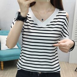 Summer Off Shoulder Tops Hole Short Sleeve T Shirt Women Stripe V-Neck Korean Style T- Ladies Clothes Tee Femme 210615