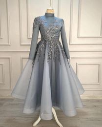 Plus Size 2022 Arabic Aso Ebi Sier Luxurious Muslim Prom Dresses Lace Beaded A-line Evening Formal Party Second Reception Gowns Dress ZJ334