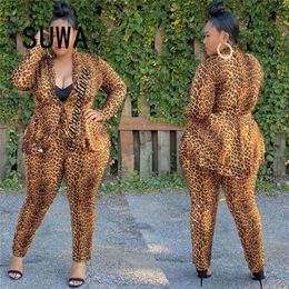 Wholesale Plus Size Clothing 2 Piece Outfits For Women Leopard Long Sleeve Blazers Top + High Waist Pants Trousers Matching Sets 210525