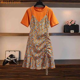 Summer Hit Dress For Women Fake Two Pieces Floral Patchwork Orange Casual Short Sleeve Loose Drawstring Ruffle Dresses 210428