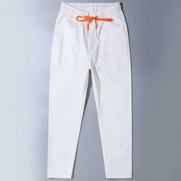 2021 Brand New Young Men's Pure Colour Loose Casual Pants Stretch Sports Pants Fashion Trend Harlan Calf Denim Cropped Trousers X0621