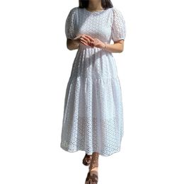 chic elegant dress female jacquard hollow lace white waist long skirt summer Korean fashion women's clothing 210520