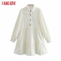 Tangada Spring Fashion Women White Corduroy Shirt Dress Vintage Long Sleeve Casual Ladies Mini Dress 4M116 210609