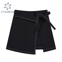 A-Line Black Crop Skirts Women Vintage Korean High Waist Bandage Bownot Design Irregular Spliced Clothing Fashion OL Ins Skirts 210417