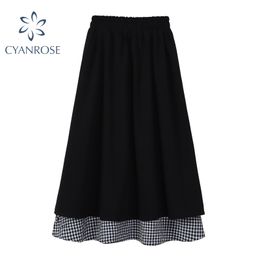 Plaid Spliced Black Skirts Women And Preppy Style Girl High Waist Elastic Vintage Streetwear Clothes Korean Loose Clothing 210417