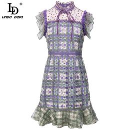 Fashion Designer Summer Dress Women Bow Tie Ruffles Lace Patchwork embroidered Vintage Hollow Out Short 210522