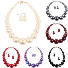 Women Imitation Simple Pearl Beaded Necklace Short Choker Eearing Suit Red White Gold Black beads Necklaces Chain collarbone Chains Suits