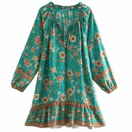 INSPIRED turquoise frilled collar long sleeve dress for women V-neck tied mini dress rayon bohemian summer dress new 210412