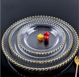 21CM/27CM/32CM Round Bead Dishes Glass Plate with Gold/ Silver/ Clear Beaded Rim Round Dinner Service Tray Wedding Table Decoration