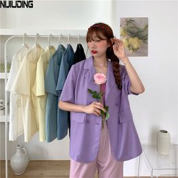 Blazers for Women's Summer Solid Short Sleeve Single Breasted Notched Collar Loose Vintage Suits Coat Female 210514