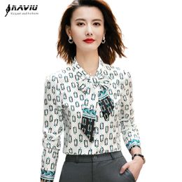 Printed Shirt Women Spring Chiffon Fashion High End Design Bow Blouses Office Ladies Formal Work Tops 210604