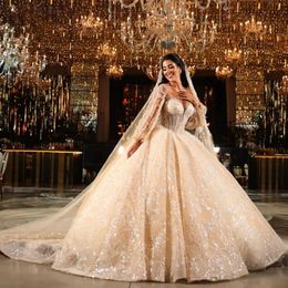 Stunning Princess A Line Wedding Gowns For Arabic Women Sheer Long Sleeves Lace Applique Exposed Boning Dubai Bridal Dresses Robe 212n