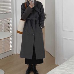 Blends Women Solid Coats Bow Single Breasted Wool Winter Outwear Warm Elegant Loose Female Casual Long Clothe 210525