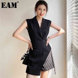 [EAM] Loose Fit Women Black Sashes Irregular Rompers High Waist Pocket Stitch Pants Fashion Spring Summer 1DD8104 210512