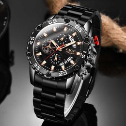 LIGE Fashion Black Classic Men's Watches Waterproof Sport Quartz Watch Men All Steel Big Dial Date Chronograph Clock 210527