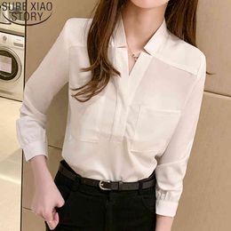 White Long Sleeve Chiffon Blouse Shirts Summer Korean Style V-neck Slim Temperament Women Thin Shirt Tops 8968 50 210417