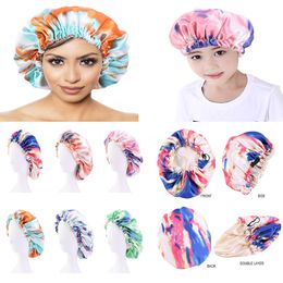 Mommy And Me Satin Bonnet Adjustable Double Layer Sleep Cap Parents Kids Tie dyed Turban Hair Cover Night Hat 28-36cm 6 Colours DB791