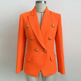 High quality women's jacket suit orange feminine office autumn and winter slim-fit metal double-breasted ladies blazer 210527