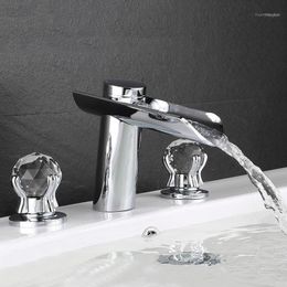 waterfall crystal Australia - Chrome Brass Bathroom Waterfall Basin Faucet & Cold Water Mixer Taps Deck Mounted 3 Hole Crystal Handle1