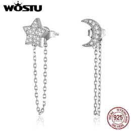 WOSTU Fashion 925 Sterling Silver Moon Star Long Tassel Chain Drop Earrings Women Wedding Jewelry CTE385