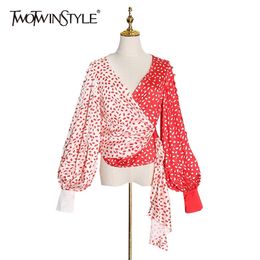 Print Dot Hit Color Shirt For Women V Neck Long Sleeve Lace Up Bowknot Casual Blouse Female Fashion Clothing 210524