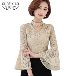 V-neck Flare Sleeved Women's Clothing Hollow Out Lace Blouse Shirt Plus Size Casual Women Tops Blusas D23 30 210415