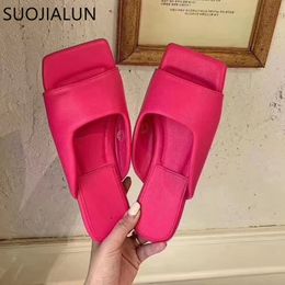 SUOJIALUN 2020 New Summer Women Slipper Fashion Embroidery Women Slip On Slides Square Toe Flat Casual Flip Flops Beach Slippers DRER34242