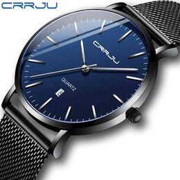 Unisex Gift Watches CRRJU Mens Blue Dial Mesh Watches Ultra Thin Casual Quartz Watch for Men Sport Date Clock Relogio Masculino 210517