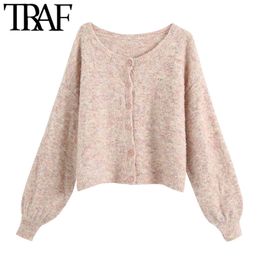 TRAF Women Fashion Textured Weave Loose Cropped Knitted Cardigan Sweater Vintage Long Sleeve Female Outerwear Chic Tops 210415