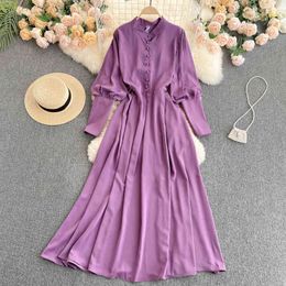 SINGREINY Women Elegant Solid Long Dress Puff Sleeve O Neck Button A-line Dresses Spring Fashion Casual Streetwear Dress 210419