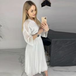 Women elegant sashes mid dress solid polka dot lace V neck autumn summer new sexy dresses loose three quarter sleeve dress 210412