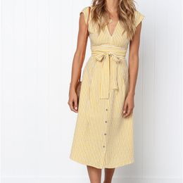 Vintage Stripe Print Midi Dress Women Elegant Deep V Sash Tie Up Bodycon Dresses Female Summer Streetwear Sundresses 210419