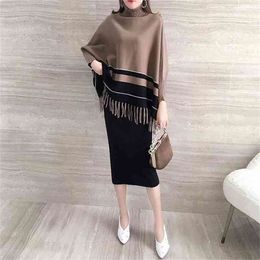 Autumn Winter Bat Sleeve Knitted Cape Cloak Korean Fashion Noble Temperament Loose Pullover Sweater Shawl 210427