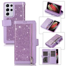 Nine Card Slot Glitter Wallet Cases With Photo Frame For iPhone 13 Pro Max 12 Mini 11 XR 8 Plus Samsung S20 S21 Ultra Note 20 Zipper Cover