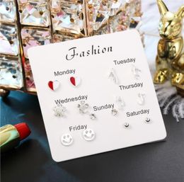 All-match One Week Seven Styles Studs Set Combination Leaf Zircon Pearl Earrings for Women and Girls