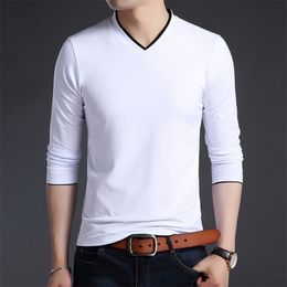 Fashion Brand T Shirts Men V Neck Street Wear Tops Trending Mercerized Cotton Korean Long Sleeve Tee Clothing 220216