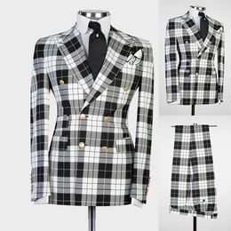Vintage Handsome Mens Suit With Two-pieces Custom made Damier Cheque Cotton Wedding Suits Jacket and Pants De Mariage Hommer