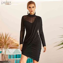 Adyce New Winter Women Lace Long Sleeve Bodycon Bandage Dress Sexy Black Draped Midi Celebrity Evening Runway Party Dresses 210409