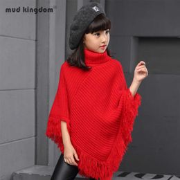 Mudkingdom Girls Sweaters Turtleneck Cable Knit Cape Kids Clothes Tassel Warm Winter Cloak 210615