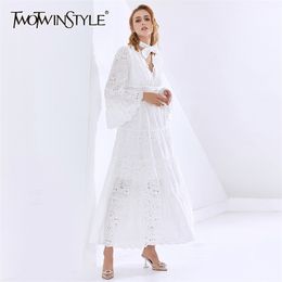 White Patchwork Bowknot Dress For Women V Neck Long Sleeve High Waist Hollow Out Dresses Female Clothes Fashion 210520