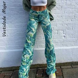 2021 Abstract Print Trousers Women Y2K Green Pleated Pile Hip Hop Pants Summer Spring Casual Vintage High Waist Trousers 90s Q0801