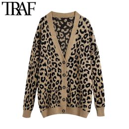 TRAF Women Fashion Leopard Print Loose Knitted Cardigan Sweater Vintage V Neck Long Sleeve Female Outerwear Chic Tops 210415