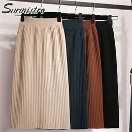 SURMIITRO Fashion Autumn Winter Thick Knitted Midi Skirt Women Korean Style Mid-Length High Waist Slit Pencil Skirt Female 210712