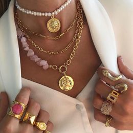 kissme Bohemian Multi-layered Imitation Pearl Stones Chains For Women Unique Lion Monarchess Medal Pendant Necklaces