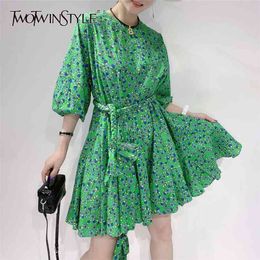 Elegant Print Summer Dress Women O Neck Lantern Long Sleeve High Waist Lace Up Bow Ruffles Mini Dresses For Female 210520