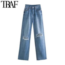 TRAF Women Chic Fashion Ripped Hole Wide Leg Jeans Vintage High Waist Zipper Fly Denim Pants Female Trousers Mujer 210809