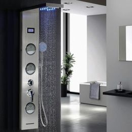 Bathroom Shower Sets Sliver LED Light Faucet SPA Massage Jet Column System Waterfall Rain LCD Panel Bidet Sprayer Tap