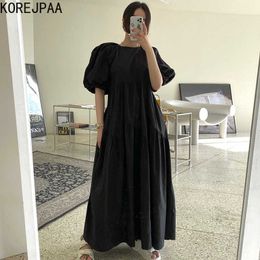 Korejpaa Women Dress Summer Korean Chic Elegant Temperament Round Neck Folding Irregular Design Loose Puff Sleeve Vestidos 210526