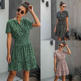 Dress Women Leopard Casual Black Summer Ruffle Mini Dresses Buttons Ladies Purple Waisted Fitted Clothing 2020 Womens Clothes X0629